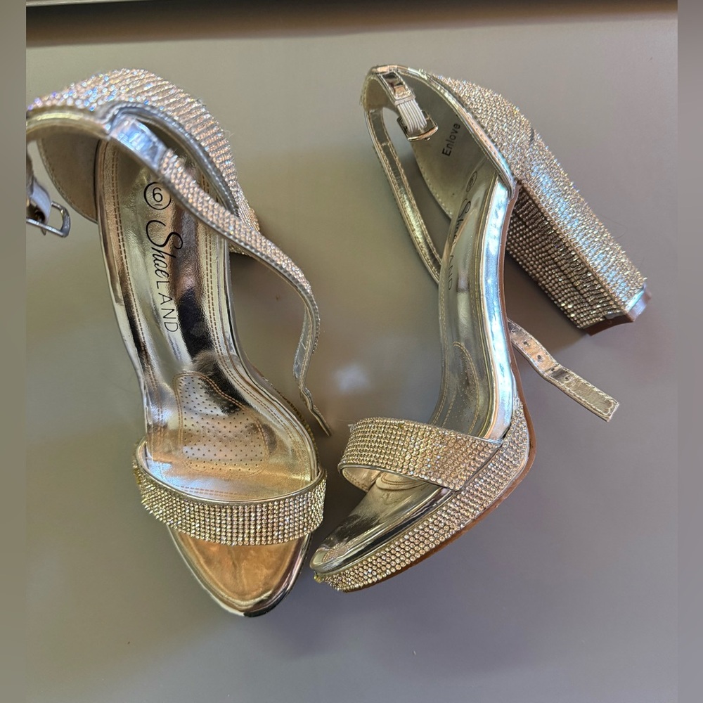 Silver Rhinestone Platform Block Heel Sandals - Picture 2 of 3